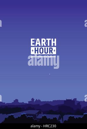 Earth Hour Bewegung Abbildung. Vertikale Hintergrund mit Blick auf die dunkle Stadt. Vektor Vorlage für Banner, Karten oder Poster. Ziel des Unternehmens ist es, pr Stock Vektor