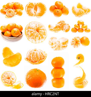 Satz oder Collage von vielen Mandarin Orange Früchte, Isolated On White Background. Gesunde Ernährung. Mandarinen enthalten einen hohen Gehalt an Vitamin c. Stockfoto