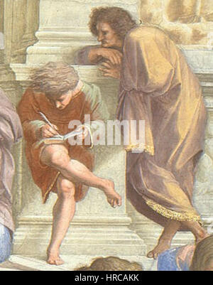 Raphaels „Schule von Athen“ ist eines der berühmtesten Werke der italienischen Renaissance, mit einer Versammlung großer Philosophen. Das Stück veranschaulicht den intellektuellen Geist der Zeit und betont Vernunft, Wissen und klassische Weisheit. Stockfoto