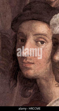 „Scuola di Atene 27“ ist ein Detail aus Raphaels berühmtem Fresko „die Schule von Athen“. Es konzentriert sich auf die intellektuellen und künstlerischen Persönlichkeiten, die in einem großen architektonischen Umfeld versammelt sind. In diesem Abschnitt werden der Austausch von Ideen und der klassische Einfluss des antiken Griechenlands auf das Denken der Renaissance beleuchtet. Stockfoto