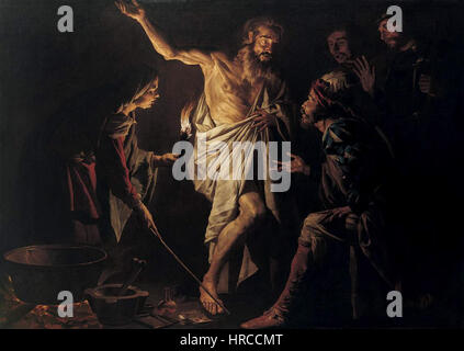 „Saul und die Hexe von Endor“ von Stoman zeigt die biblische Geschichte von König Saul, der die Hexe konsultierte, um den Geist des Propheten Samuel zu rufen. Das Gemälde fängt den intensiven emotionalen Moment der Begegnung mit dramatischem Licht und Schatten ein. Stockfoto