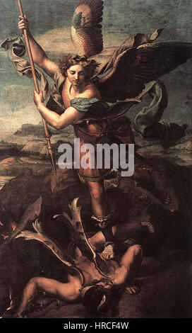 „St. Michael Vanquishing Satan“ von Raphael zeigt die biblische Geschichte von Erzengel Michael, der Satan besiegt. Das Gemälde veranschaulicht Raffaels Beherrschung in der Darstellung des göttlichen Kampfes, indem er lebendige Farben und dramatische Details verwendet, um den Sieg des Guten über das Böse zu betonen. Stockfoto