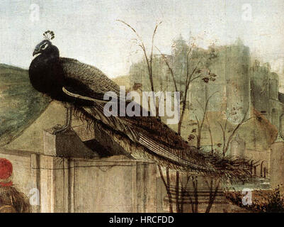 Dieses Detail aus Sandro Botticellis „Anbetung der Könige“ zeigt die drei Könige, die dem neugeborenen Christus ihre Geschenke überreichen. Die Szene, die im 15. Jahrhundert gemalt wurde, zeichnet sich durch ihre komplizierte Komposition und den Einsatz der Perspektive aus. Stockfoto