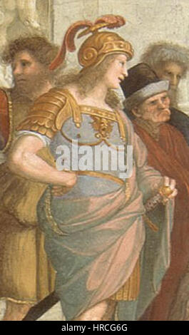 Scuola di Atene (Schule von Athen) ist ein Renaissance-Fresko von Raphael, das Philosophen und Gelehrte aus der klassischen Welt darstellt. Das Gemälde fängt den intellektuellen Geist der Zeit ein und ist bekannt für seine Perspektive und Darstellung großer Denker. Stockfoto