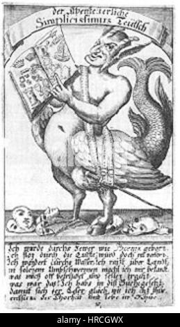 Auf der Titelseite von Simplicissimus, einer deutschen Satirezeitschrift aus dem späten 19. Und frühen 20. Jahrhundert, finden sich kühne Illustrationen, die den scharfen politischen und sozialen Kommentar des Magazins widerspiegeln. Es ist ein bemerkenswertes Beispiel für satirische Kunst des frühen 20. Jahrhunderts. Stockfoto