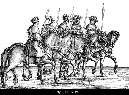 Blackwild Jäger, Gruppe von Maximilians I. Jagd Faksimile von Hans Burgkmair Woodcut: der Triumphzug, Triumphzug oder Triumphe von Maximilian ist eine monumentale aus dem 16. Jahrhundert, Reproduktion von einem Holzschnitt aus dem 19. Jahrhundert, 1885 Stockfoto