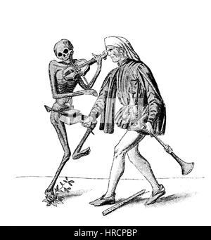 der Tod und das Spelman, Musiker aus der Tanz des Todes, auch genannt Danse Macabre, Basel, Basel, 1440, Schweiz, Malerei im gotischen Stil, Reproduktion von einem Holzschnitt aus dem 19. Jahrhundert, 1885 Stockfoto