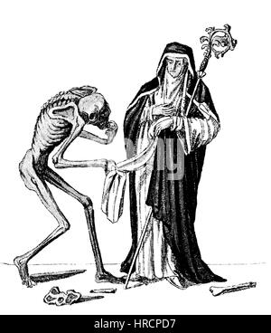 Der Tod und die Äbtissin, von der aus der Tanz des Todes, auch genannt Danse Macabre, Basel, Basel, Schweiz, Malerei im gotischen Stil, Reproduktion von einem Holzschnitt aus dem 19. Jahrhundert, 1885 Stockfoto