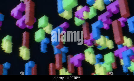 3D-Rendering 3d Blocks von Vintage Tetris-Spiel auf einem verblichenen Bildschirm mit TV-Lärm. Stockfoto