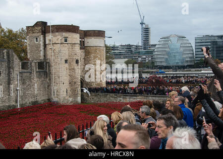 "Blut fegte Länder und Meere rot". Nahaufnahme der 888.246 Keramik Mohn anlässlich der Hundertjahrfeier des Ausbruchs des ersten Weltkrieges im Graben Stockfoto