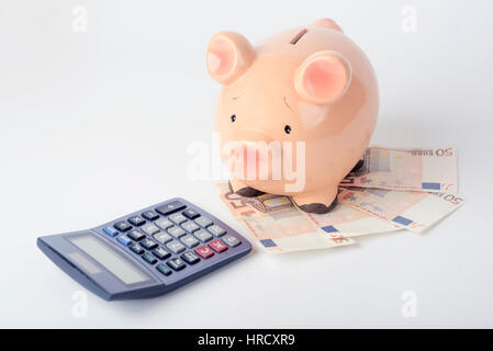 Piggy Bank - Business Sparschwein mit Taschenrechner. Finanzkonzept Stockfoto