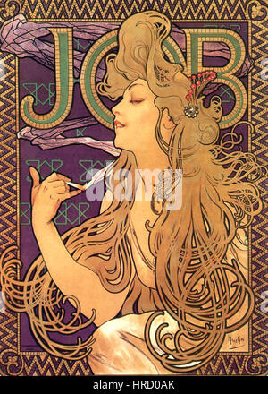 „Job Cigarettes“ von Alphonse Mucha ist ein berühmtes Werbeplakat mit einer stilisierten Frau, umgeben von ornamentalen Designs. Muchas unverkennbarer Jugendstilstil ist in den fließenden Linien, Blumenmotiven und sanften Farben zu erkennen, die die Zigarettenmarke Job fördern. Stockfoto
