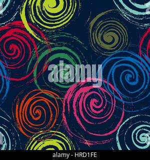 Nahtlose Wirbelmuster. Die Hand gezeichneter Spiralen, freies Layout. Farben der Gartenblumen auf dunkelblauen Hintergrund. Textil-Design. Stock Vektor