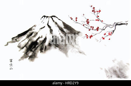 Berg Fuji und Cherry Blossom orientalische Sumi-e Malerei mit japanischen Hieroglyphen "Berg Fuji". Stockfoto