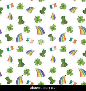 St. Patricks Day handgezeichnete doodle Musterdesign mit Kobold Hut, Regenbogen, Kleeblatt, Flagge von Irland Vektor Illustration Hintergrund Stock Vektor