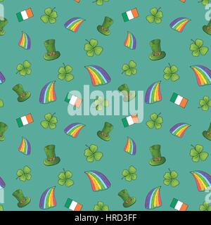 St. Patricks Day handgezeichnete doodle Musterdesign mit Kobold Hut, Regenbogen, Kleeblatt, Flagge von Irland Vektor Illustration Hintergrund Stock Vektor