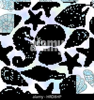 Grafisches Muster mit Muscheln Aquarell Flecken. Stock Vektor