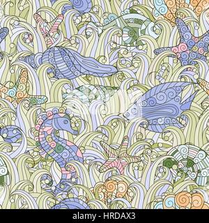 Nahtlose Muster der bunten Hand gezeichnet, Muscheln, Seesterne und Seepferdchen Stock Vektor