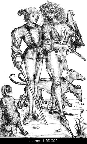 Jungen, deutschen Adligen Personen mit Hunde im 15. Jahrhundert, Faksimile von Kupferstichen, Reproduktion von einem Holzschnitt aus dem 19. Jahrhundert, 1885 Stockfoto