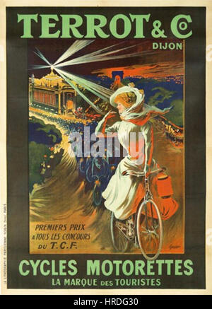 Ein Werbeplakat aus dem frühen 20. Jahrhundert für Cycles Terrot, ein französisches Fahrradunternehmen. Das Design spiegelt den künstlerischen Stil und die Werbestrategien der Ära wider und verwendet auffällige Grafiken, um die Kunden für die Marke zu gewinnen. Stockfoto