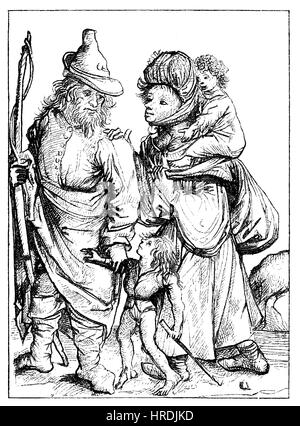 Landwirte mit zwei Kindern und er mit einem Bogen im 15. Jahrhundert, Faksimile des Kupferstichs vom sogenannten Meister von 1480, Deutschland, Reproduktion von einem Holzschnitt aus dem 19. Jahrhundert, 1885 Stockfoto