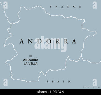 Andorra politische Karte mit Hauptstadt Andorra la Vella und Nachbarn Frankreich und Spanien. Fürstentum, Land und Microstate im Südwesten Europas. Stockfoto