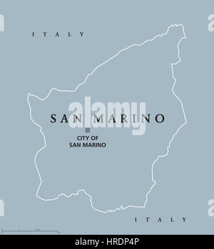 Die meisten Serene Republik von San Marino politische Karte mit Kapital Stadt von San Marino. Fraktionen Microstate von Italien umgeben. Stockfoto