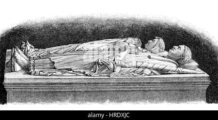 Das Grab Heinrichs des Löwen und seiner Gemahlin Mathilde im Dom zu Braunschweig, Sandstein, edle frühgotische Stil im 13. Jahrhundert, Deutschland, Reproduktion von einem Holzschnitt aus dem 19. Jahrhundert, 1885 Stockfoto