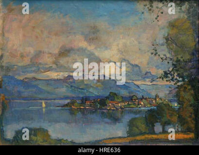 Theodor Hummels Fraueninsel zeigt die beschauliche Landschaft der Fraueninsel im Chiemsee. Das Gemälde fängt die ruhige Schönheit der Landschaft und die friedliche Atmosphäre der Insel ein und spiegelt Hummels Kunst in der Landschaftsmalerei wider. Stockfoto