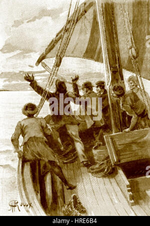 Diese Illustration von George Roux begleitet „The Wonderful Adventures of Captain Antifer“, einen Roman von Jules Verne. Roux’ dynamische und detaillierte Illustrationen erwecken den abenteuerlichen Geist von Vernes Geschichte zum Leben und betonen Entdeckungen und waghalsige Meisterleistungen. Stockfoto