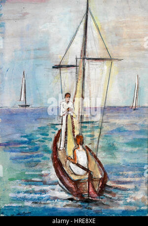 Helmuth Mackes „Segelboot auf dem Bodensee“ (1934) zeigt ein Segelboot auf dem Bodensee und spiegelt die Aufmerksamkeit des Künstlers für natürliche Schönheit und Bewegung wider. Das Werk fängt eine friedliche, aber dynamische Szene im postexpressionistischen Stil ein. Stockfoto