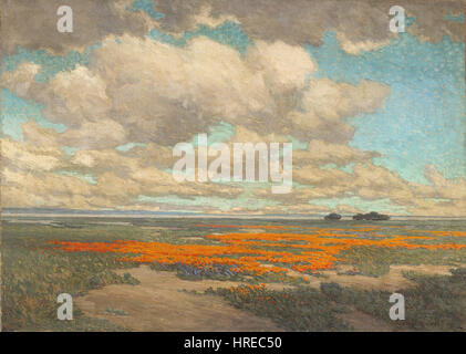 „A Field of California Poppies“ von Granville Redmond zeigt eine lebendige Landschaft voller blühender Mohnblumen und fängt die natürliche Schönheit Kaliforniens in einem typischen Stil der Landschaftsmalerei des frühen 20. Jahrhunderts ein. Stockfoto