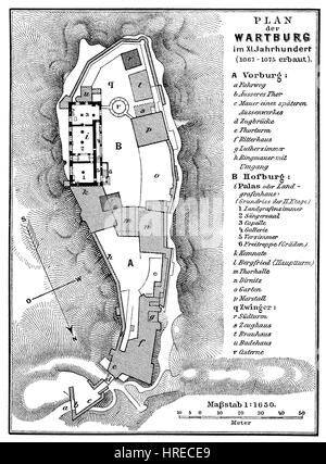 Der Grundriss der Burg Wartburg in Thüringen im 11. Jahrhundert, Deutschland, Reproduktion von einem Holzschnitt aus dem 19. Jahrhundert, 1885 Stockfoto