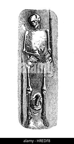 Alte germanische Beerdigung Artefakte, Grabhügel mit Waffen in der Erde, Deutschland, Reproduktion von einem Holzschnitt aus dem 19. Jahrhundert, 1885 Stockfoto