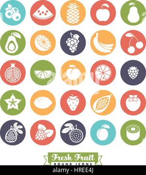 Sammlung von 25 Obst Vektor-Icons, negative in farbige Kreise Stock Vektor