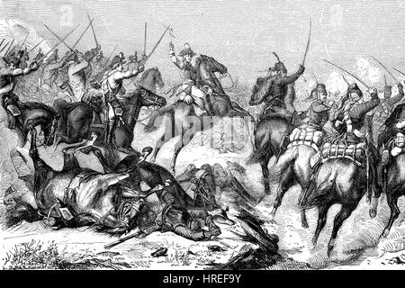 Friedrich Wilhelm Freiherr von Seydlitz wurde 1721-1773, ein preußischer Offizier und einer der größten deutschen Kavallerie-Generäle in der Schlacht bei Roßbach, Deutschland. Die Schlacht bei Roßbach, fand 5. November 1757, während des Siebenjährigen Krieges 1756-1763, nahe dem Dorf Rossbach im Kurfürstentum Sachsen, Reproduktion von einem Holzschnitt aus dem 19. Jahrhundert, 1885 Stockfoto