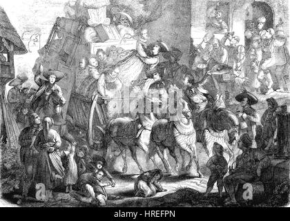 Eine Hochzeit in Mistelgau, Bayern, Franken, Hochzeit Unternehmen und die Mitgift der Braut auf einem Pferd Wagen, Deutschland, Reproduktion ein Holzschnitt aus dem 19. Jahrhundert, 1885 Stockfoto