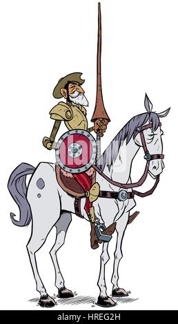 Comic-Illustration des Don Quijote von der Mancha isoliert auf weißem Hintergrund. Stock Vektor