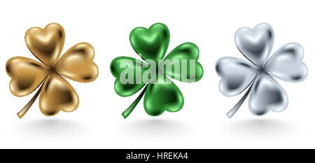 Golden, grün und Silber Kleeblatt isoliert auf weißem Hintergrund, Vektor-Illustration für St. Patrick Day. Vierblättrigen 3d Schmuckdesign. Stock Vektor