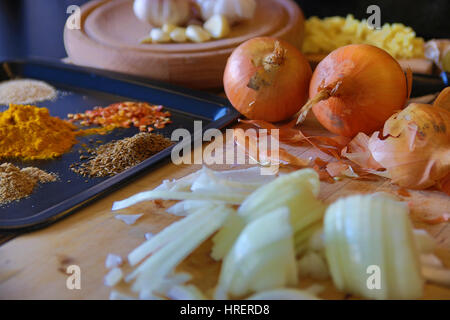 Zwiebel und Gewürze bereit zum Kochen Stockfoto