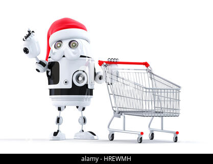 Roboter-Weihnachtsmann mit Warenkorb auf Objekt. Isoliert Stockfoto
