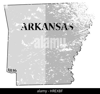 Ein grunged Umriss des Bundesstaates Arkansas mit dem Datum der Eigenstaatlichkeit isoliert auf weißem Hintergrund Stockfoto