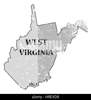 Ein grunged Umriss des Bundesstaates West Virginia mit dem Datum der Eigenstaatlichkeit isoliert auf weißem Hintergrund Stockfoto