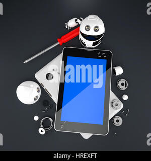 Roboter, Reparatur Tablet PC. Technologie-Konzept Stockfoto