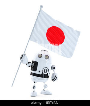 Android Roboter stehen mit Flagge von Japan. Isoliert auf weiß Stockfoto