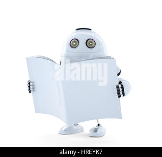 Android Roboter mit Handbuch. Isoliert auf weiss Stockfoto