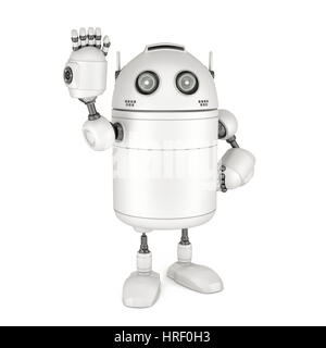 Freundliche Roboter winken Hallo. Isoliert auf weiss Stockfoto
