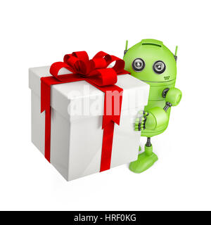 3D Roboter tragen riesige Geschenk-Box. Isoliert auf weiss Stockfoto