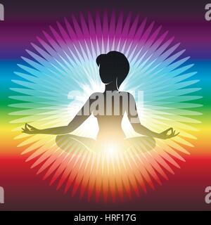 Frau sitzt in einem halben Lotus Pose für Meditation Regenbogen Hintergrund. Yoga Meditation Vektorgrafik. Stock Vektor