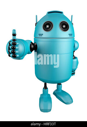 Blauer Roboter Daumen aufgeben.  Über weiße Zeitmessung isoliert Stockfoto